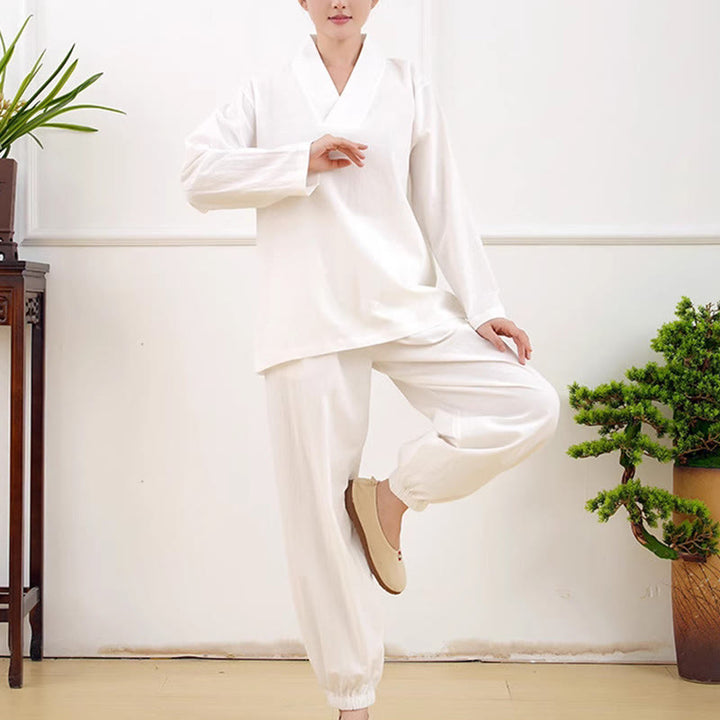 Buddha Stones Casual 2pcs Plain Long Sleeve Crumpling Design Shirt Top Skirt With Pockets Meditation Zen Tai Chi Clothing Women's Set