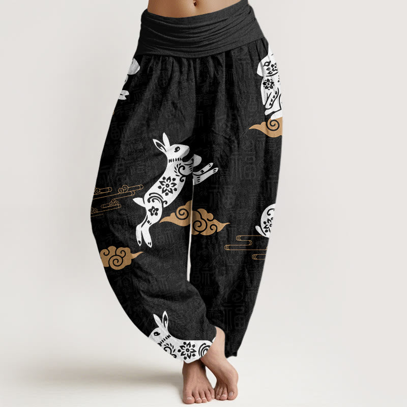 Buddha Stones White Rabbit Auspicious Cloud Pattern Women's Elastic Waist Harem Pants - Black - US22,UK/AU26,EU54 (6XL) - image 1