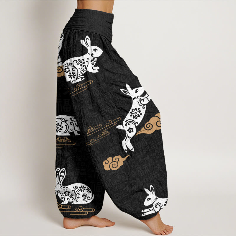 Buddha Stones White Rabbit Auspicious Cloud Pattern Women's Elastic Waist Harem Pants - image 3