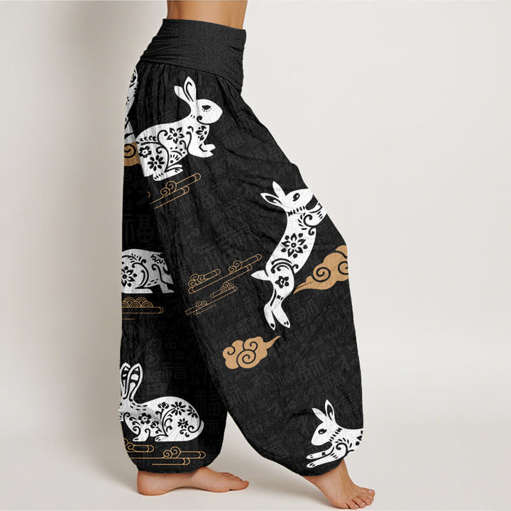 Buddha Stones White Rabbit Auspicious Cloud Pattern Women's Elastic Waist Harem Pants - image 3
