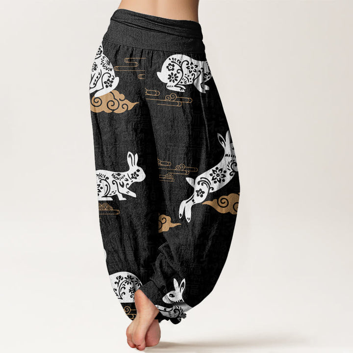 Buddha Stones White Rabbit Auspicious Cloud Pattern Women's Elastic Waist Harem Pants - image 2