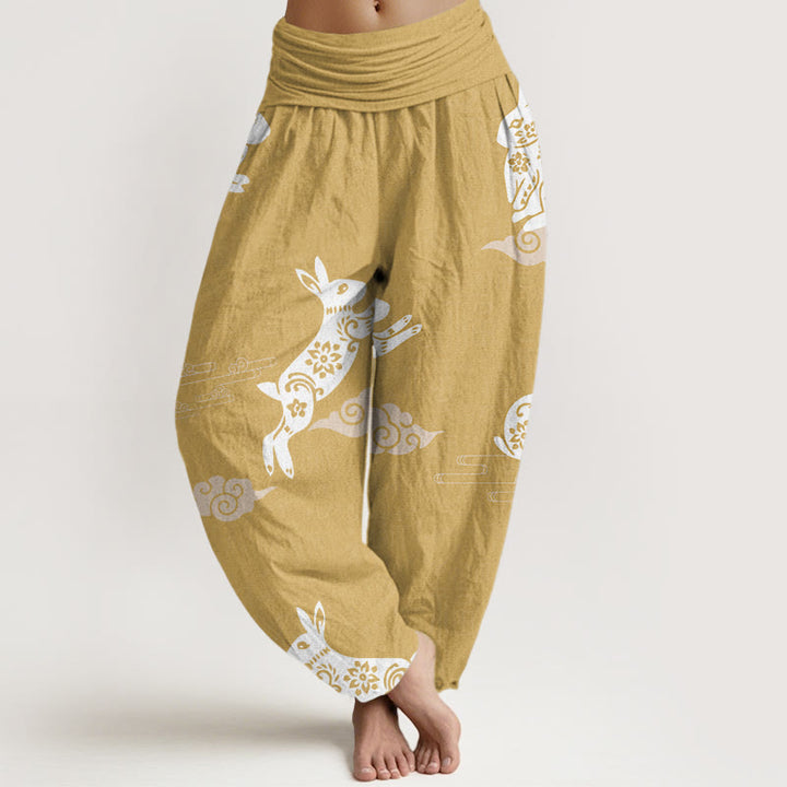 Buddha Stones White Rabbit Auspicious Cloud Pattern Women's Elastic Waist Harem Pants - Khaki - US22,UK/AU26,EU54 (6XL) - image 5