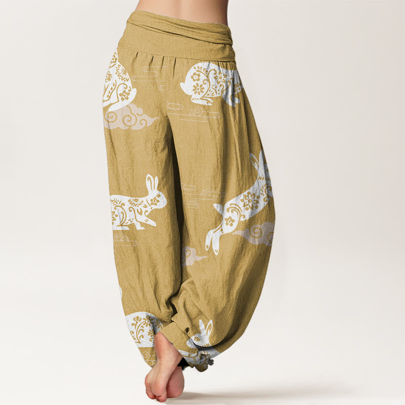 Buddha Stones White Rabbit Auspicious Cloud Pattern Women's Elastic Waist Harem Pants - image 6