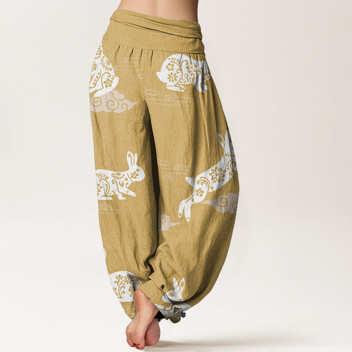 Buddha Stones White Rabbit Auspicious Cloud Pattern Women's Elastic Waist Harem Pants - image 6