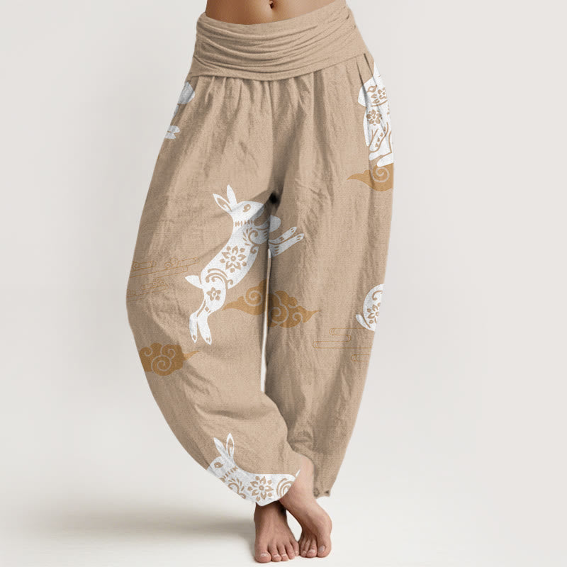 Buddha Stones White Rabbit Auspicious Cloud Pattern Women's Elastic Waist Harem Pants - BurlyWood - US22,UK/AU26,EU54 (6XL) - image 8