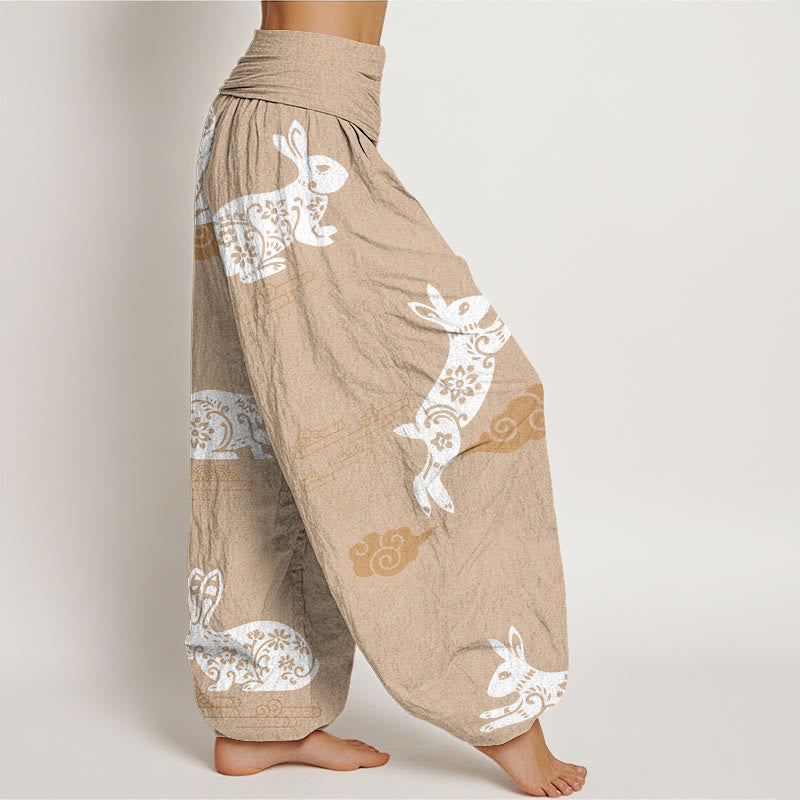 Buddha Stones White Rabbit Auspicious Cloud Pattern Women's Elastic Waist Harem Pants - image 10