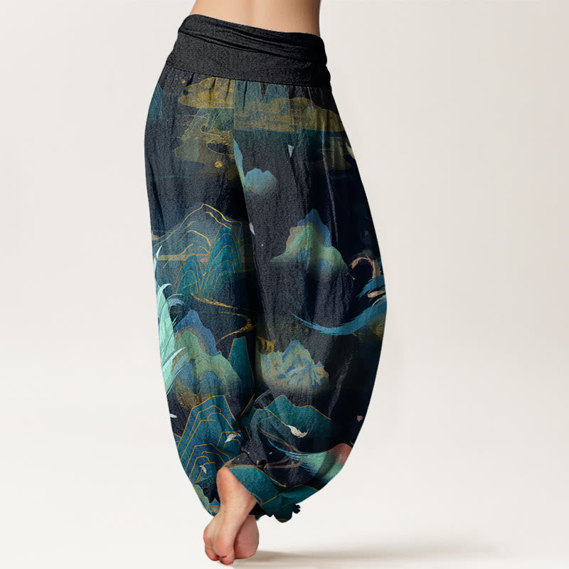 Buddha Stones Phoenix Mountain Cloud Pattern Women's Elastic Waist Harem Pants - image 2