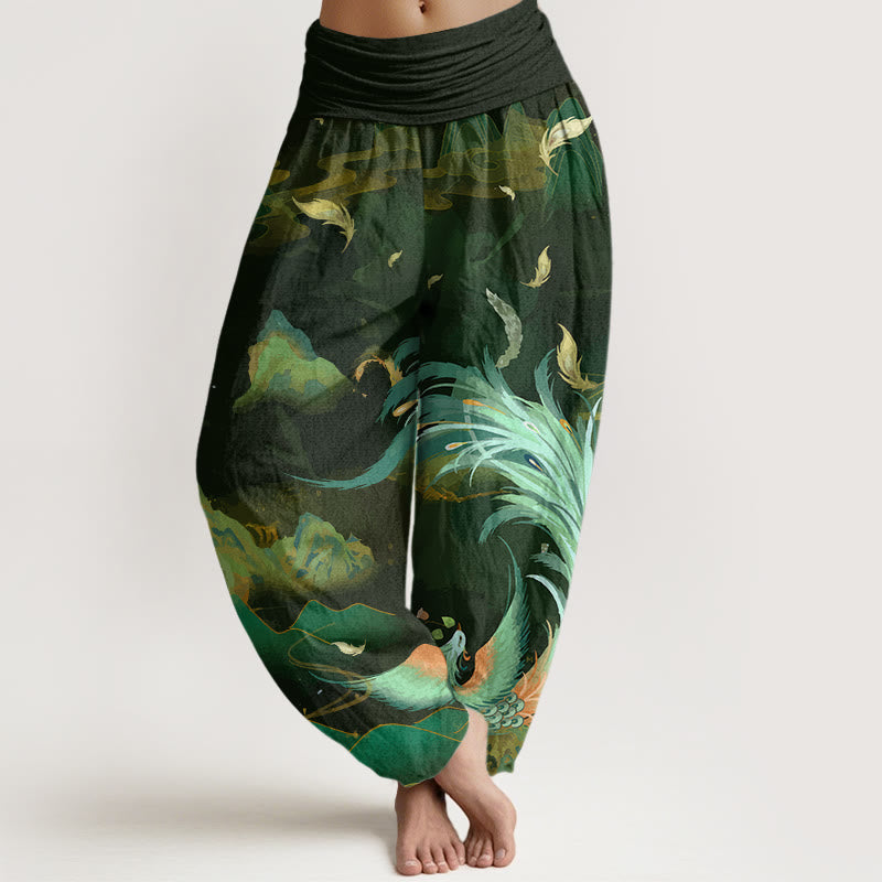 Buddha Stones Phoenix Mountain Cloud Pattern Women's Elastic Waist Harem Pants - OliveDrab - US22,UK/AU26,EU54 (6XL) - image 5