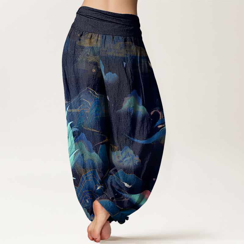 Buddha Stones Phoenix Mountain Cloud Pattern Women's Elastic Waist Harem Pants - image 9