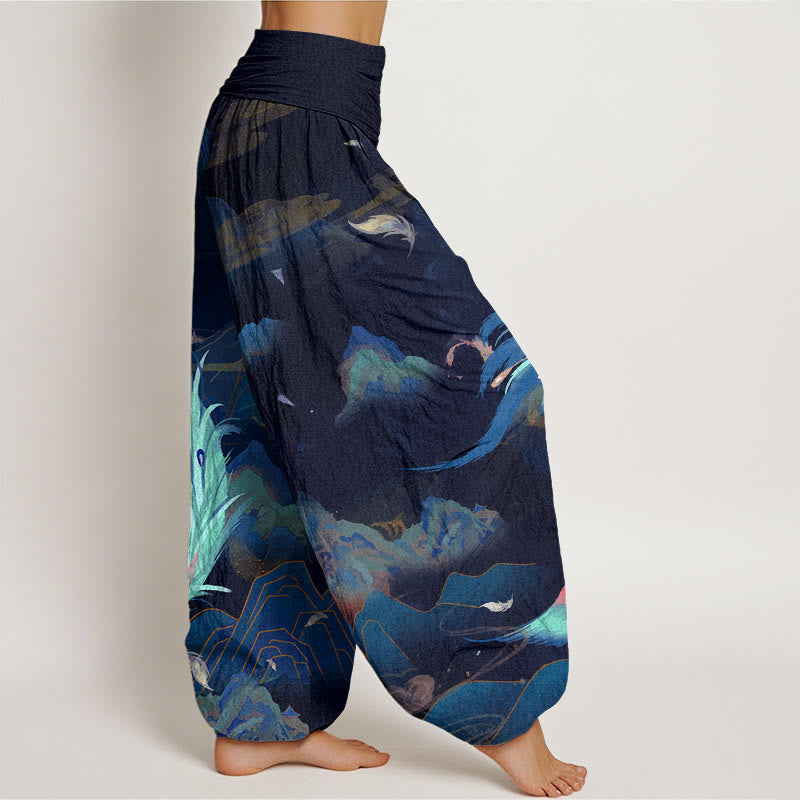Buddha Stones Phoenix Mountain Cloud Pattern Women's Elastic Waist Harem Pants - image 10
