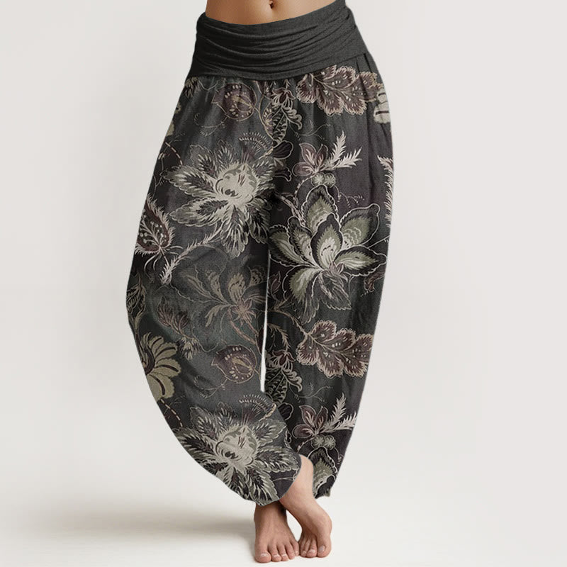 Buddha Stones Pure Cotton Casual Floral Leaves Women's Elastic Waist Harem Pants