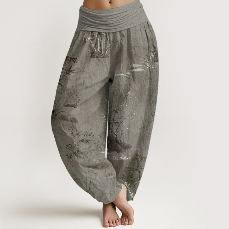 Buddha Stones Pure Cotton Casual Bamboo Rock Ink Painting Women's Elastic Waist Harem Pants - Tan - US22,UK/AU26,EU54 (6XL) - image 7
