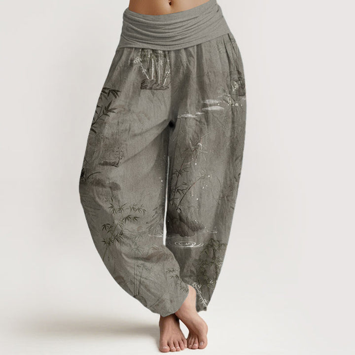 Buddha Stones Pure Cotton Casual Bamboo Rock Ink Painting Women's Elastic Waist Harem Pants - Tan - US22,UK/AU26,EU54 (6XL) - image 7