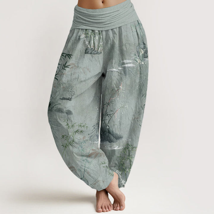 Buddha Stones Pure Cotton Casual Bamboo Rock Ink Painting Women's Elastic Waist Harem Pants - DarkSeaGreen - US22,UK/AU26,EU54 (6XL) - image 9