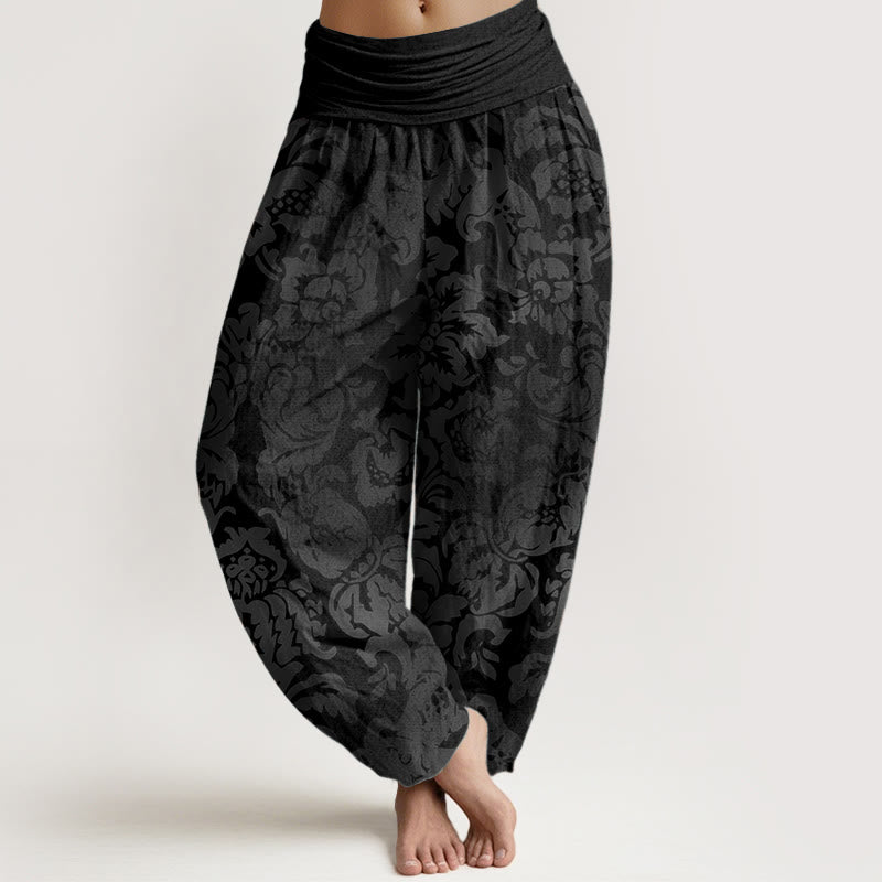 Buddha Stones Pure Cotton Casual Flower Leaves Design Women's Elastic Waist Harem Pants - Black - US22,UK/AU26,EU54 (6XL) - image 5