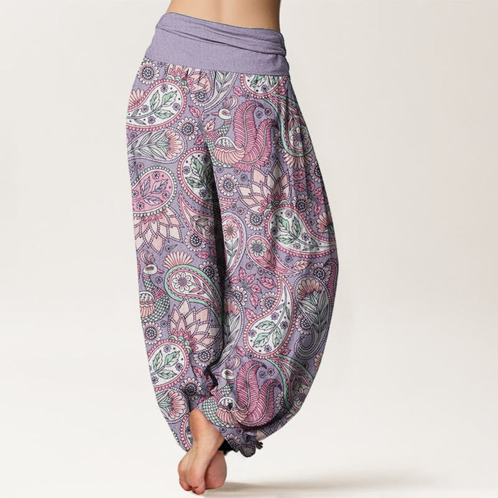 Buddha Stones Pure Cotton Cashew Flower Peacock Sunflower Design Women's Elastic Waist Harem Pants