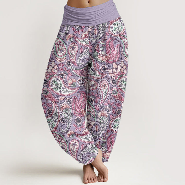 Buddha Stones Pure Cotton Cashew Flower Peacock Sunflower Design Women's Elastic Waist Harem Pants