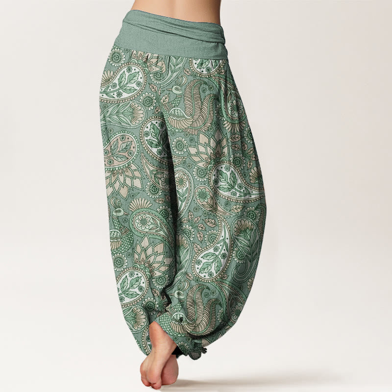 Buddha Stones Pure Cotton Cashew Flower Peacock Sunflower Design Women's Elastic Waist Harem Pants