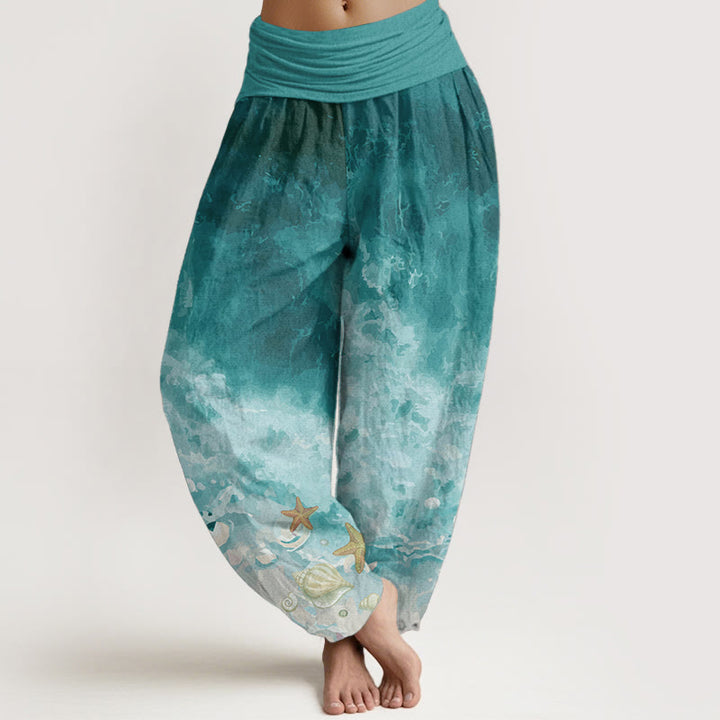 Buddha Stones Pure Cotton Vast Ocean Pattern Women's Elastic Waist Harem Pants - LightSeaGreen - US22,UK/AU26,EU54 (6XL) - image 0