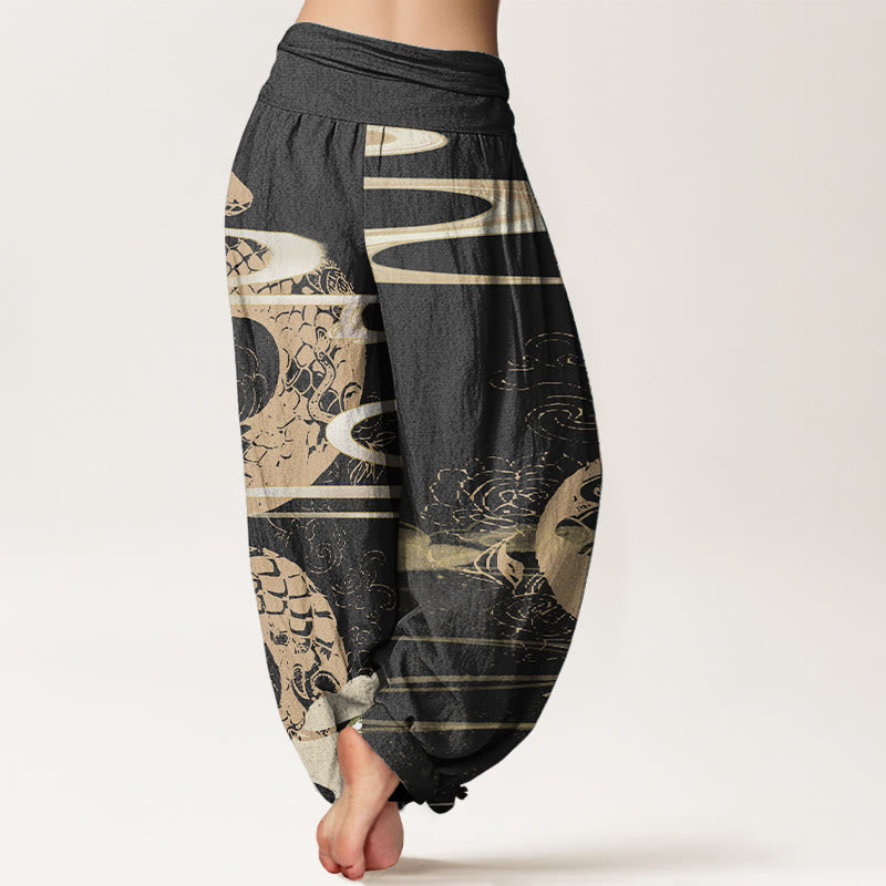 Buddha Stones Pure Cotton Auspicious Clouds With Snake Pattern Women's Elastic Waist Harem Pants