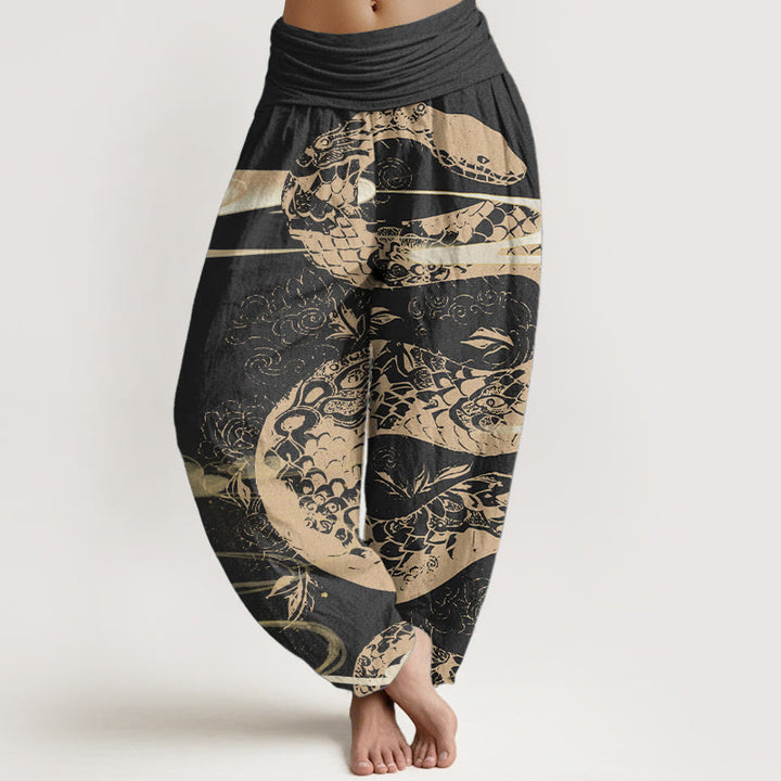 Buddha Stones Pure Cotton Auspicious Clouds With Snake Pattern Women's Elastic Waist Harem Pants