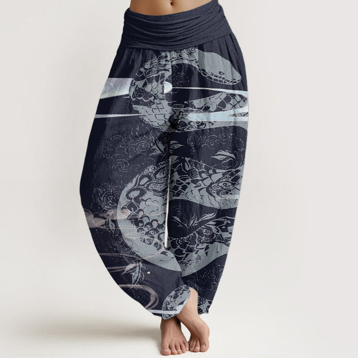 Buddha Stones Pure Cotton Auspicious Clouds With Snake Pattern Women's Elastic Waist Harem Pants