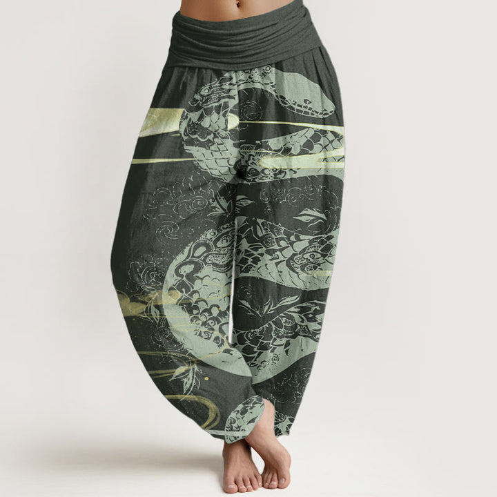 Buddha Stones Pure Cotton Auspicious Clouds With Snake Pattern Women's Elastic Waist Harem Pants