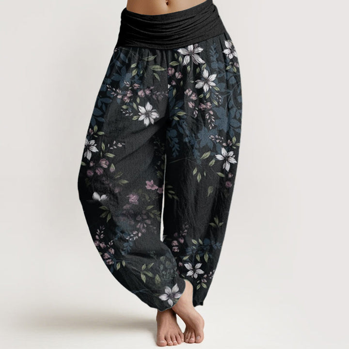 Buddha Stones Pure Cotton Small White Blossoms Green Leaves Women's Elastic Waist Harem Pants