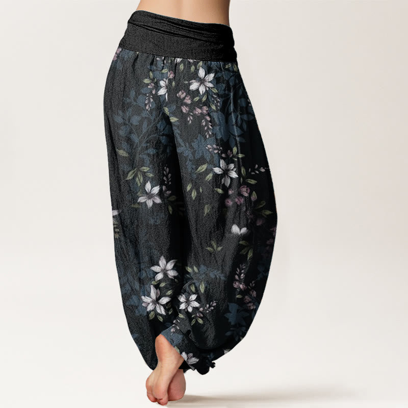 Buddha Stones Pure Cotton Small White Blossoms Green Leaves Women's Elastic Waist Harem Pants