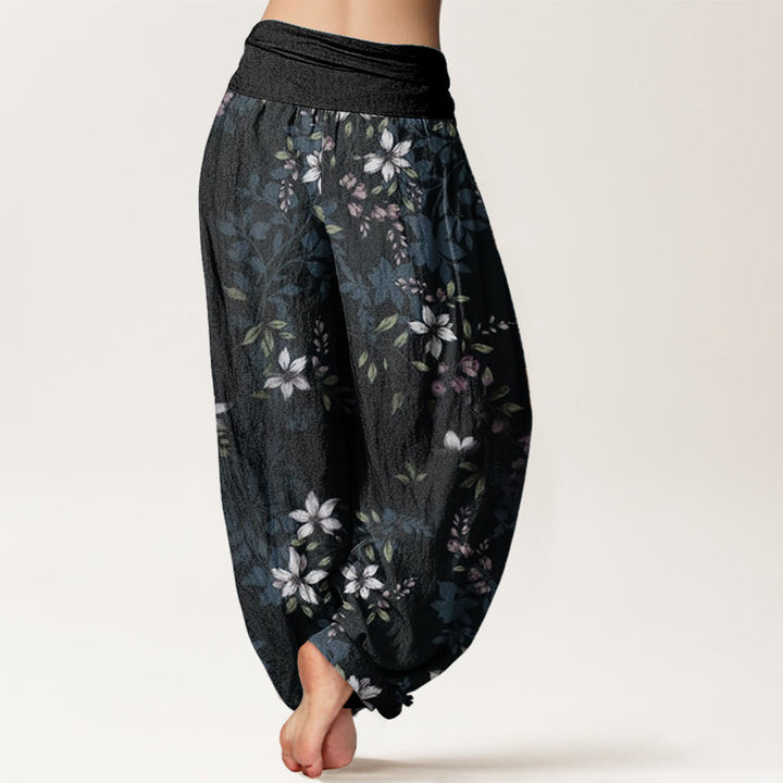 Buddha Stones Pure Cotton Small White Blossoms Green Leaves Women's Elastic Waist Harem Pants