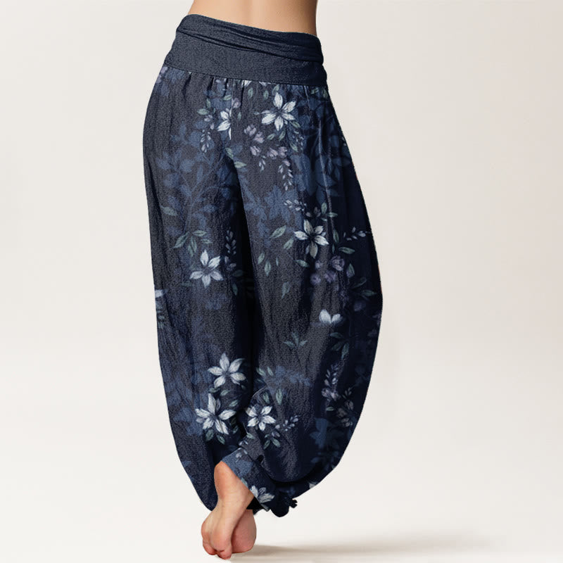 Buddha Stones Pure Cotton Small White Blossoms Green Leaves Women's Elastic Waist Harem Pants