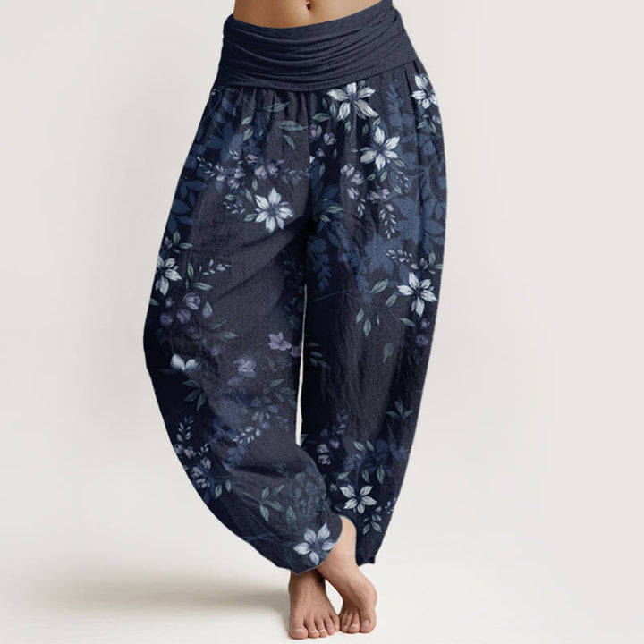 Buddha Stones Pure Cotton Small White Blossoms Green Leaves Women's Elastic Waist Harem Pants