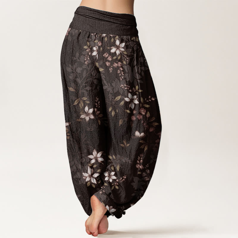 Buddha Stones Pure Cotton Small White Blossoms Green Leaves Women's Elastic Waist Harem Pants
