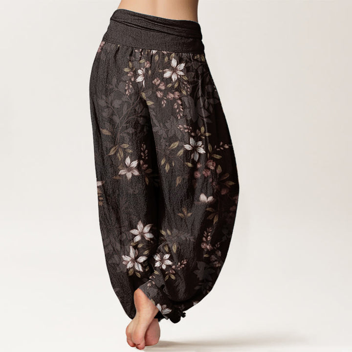 Buddha Stones Pure Cotton Small White Blossoms Green Leaves Women's Elastic Waist Harem Pants