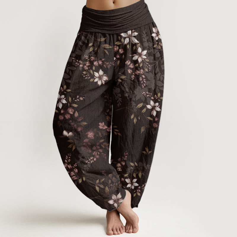 Buddha Stones Pure Cotton Small White Blossoms Green Leaves Women's Elastic Waist Harem Pants