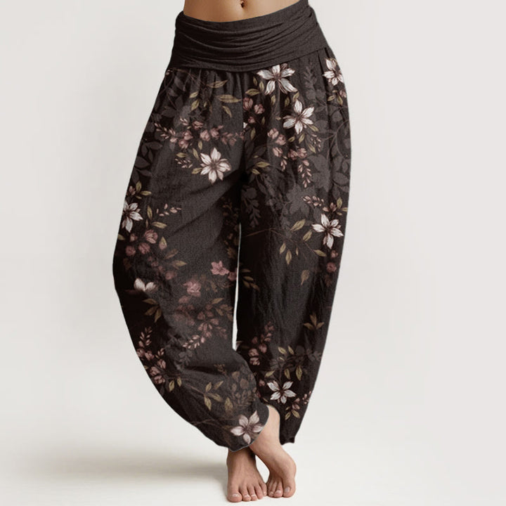 Buddha Stones Pure Cotton Small White Blossoms Green Leaves Women's Elastic Waist Harem Pants
