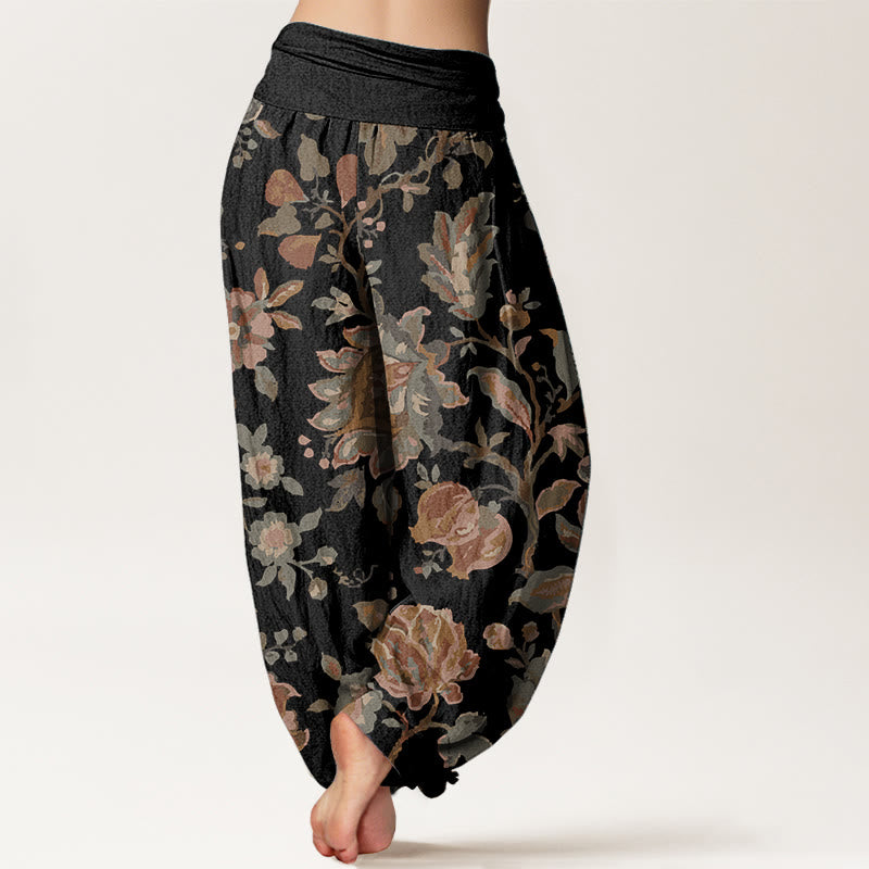 Buddha Stones Pure Cotton Casual Blooming Flowers Buds Design Women's Elastic Waist Harem Pants