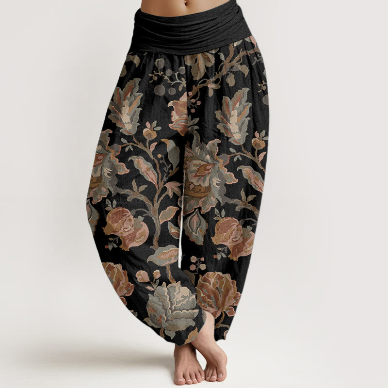 Buddha Stones Pure Cotton Casual Blooming Flowers Buds Design Women's Elastic Waist Harem Pants
