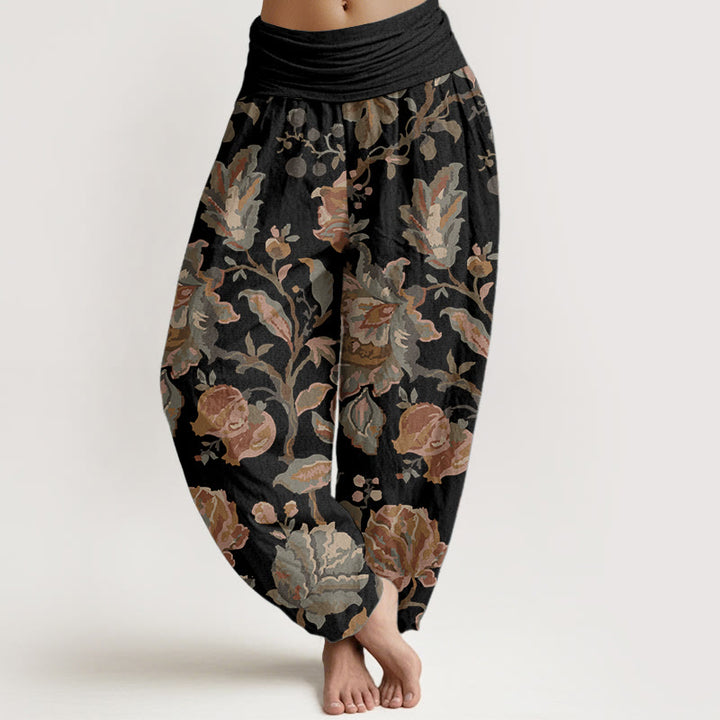 Buddha Stones Pure Cotton Casual Blooming Flowers Buds Design Women's Elastic Waist Harem Pants