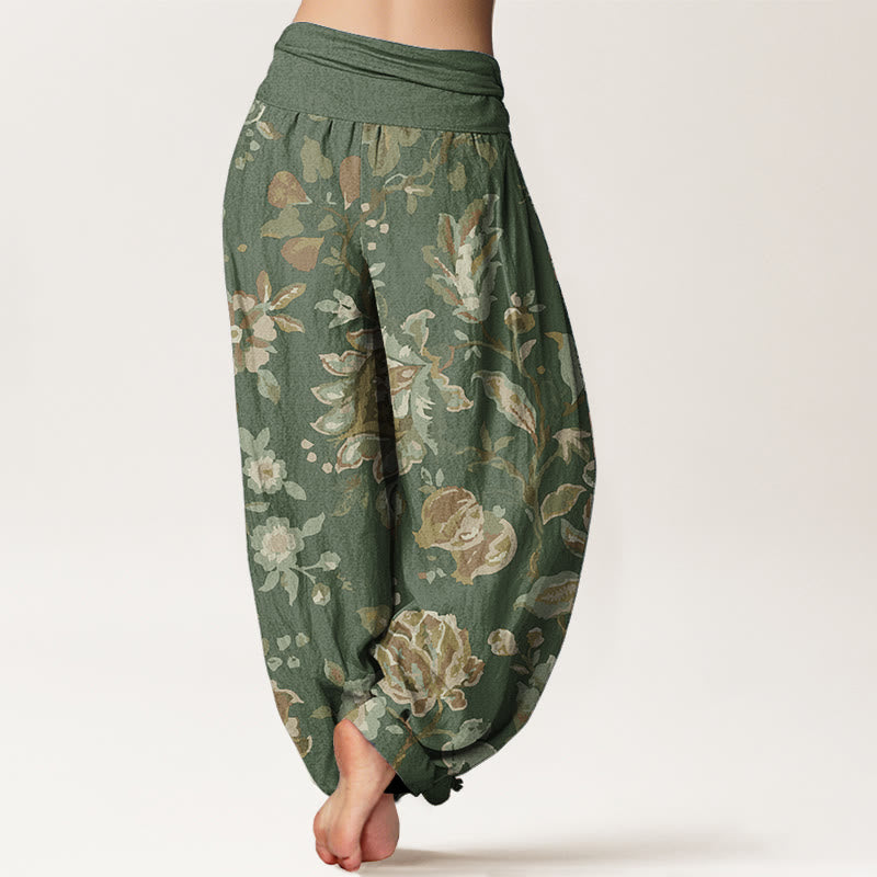 Buddha Stones Pure Cotton Casual Blooming Flowers Buds Design Women's Elastic Waist Harem Pants