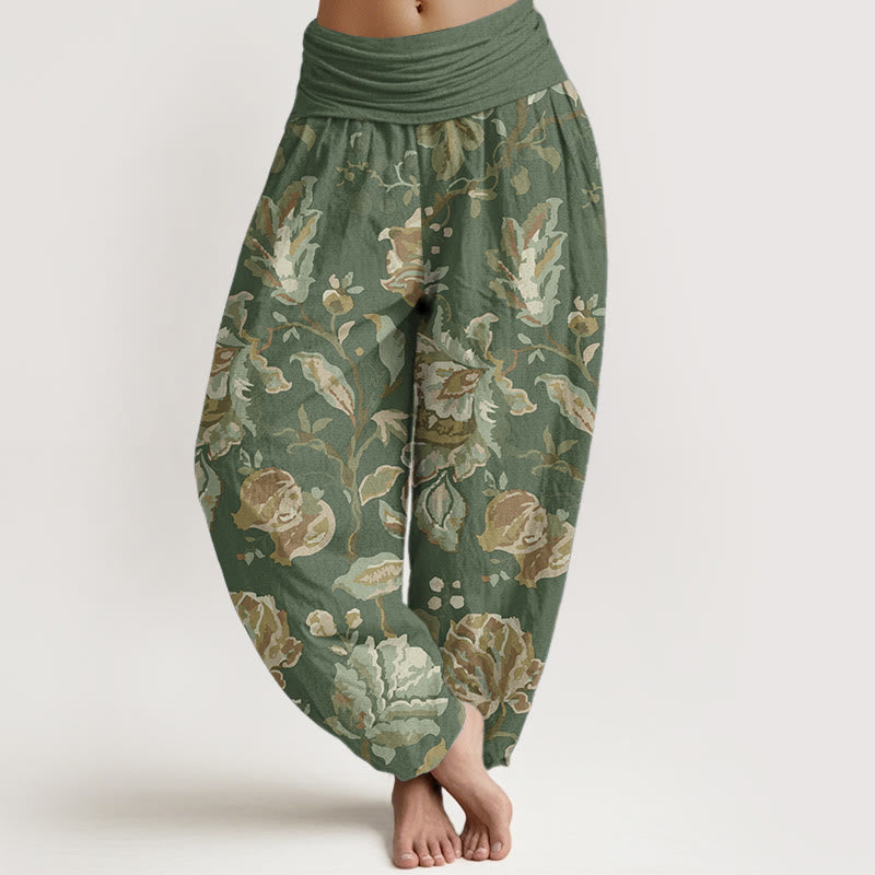 Buddha Stones Pure Cotton Casual Blooming Flowers Buds Design Women's Elastic Waist Harem Pants