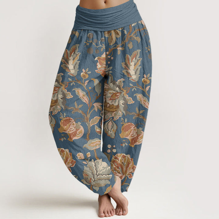 Buddha Stones Pure Cotton Casual Blooming Flowers Buds Design Women's Elastic Waist Harem Pants