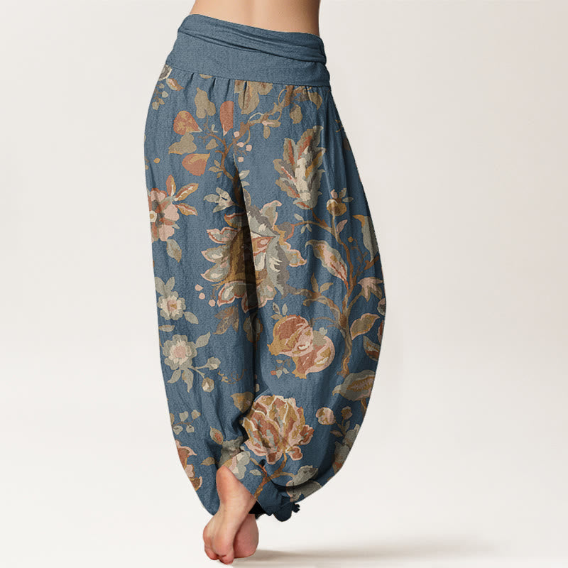 Buddha Stones Pure Cotton Casual Blooming Flowers Buds Design Women's Elastic Waist Harem Pants