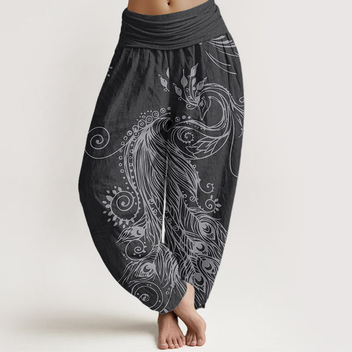 Buddha Stones Pure Cotton Casual Peacock Design Women's Elastic Waist Harem Pants