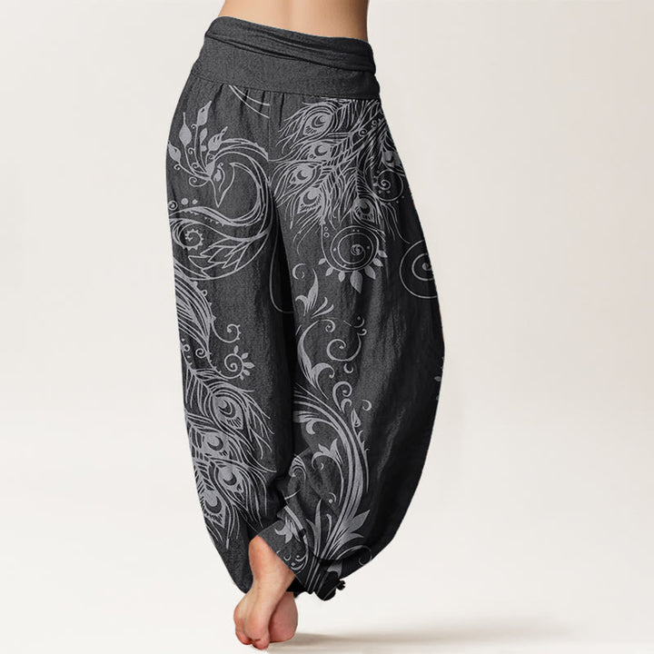 Buddha Stones Pure Cotton Casual Peacock Design Women's Elastic Waist Harem Pants