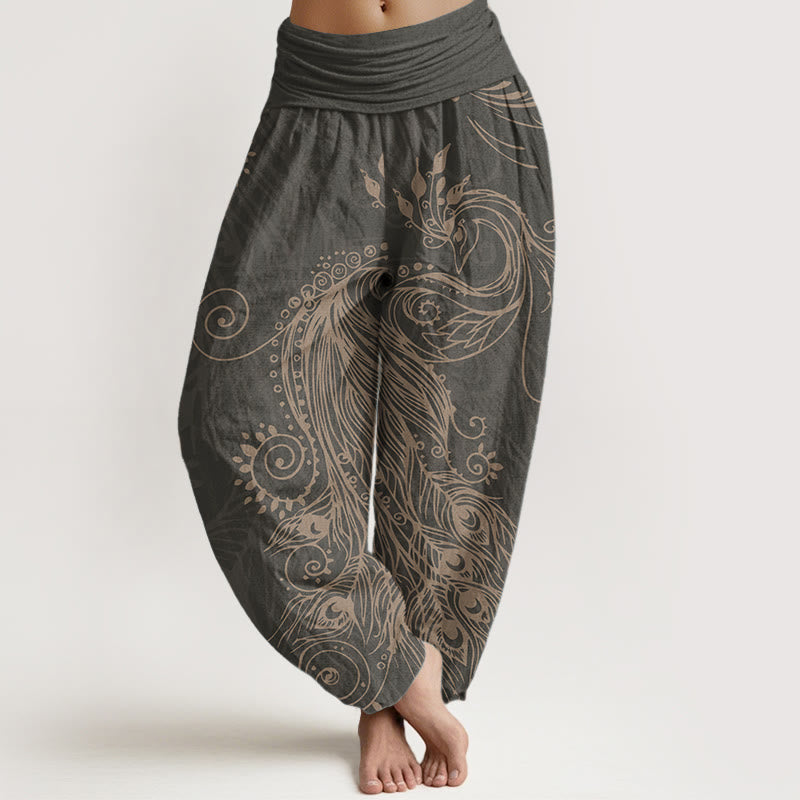 Buddha Stones Pure Cotton Casual Peacock Design Women's Elastic Waist Harem Pants