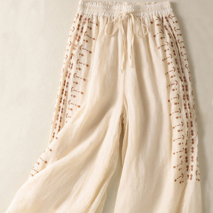 Buddha Stones Ethnic Embroidery Drawstring Cotton Linen Women's High Waist Wide Leg Pants With Pockets - image 1