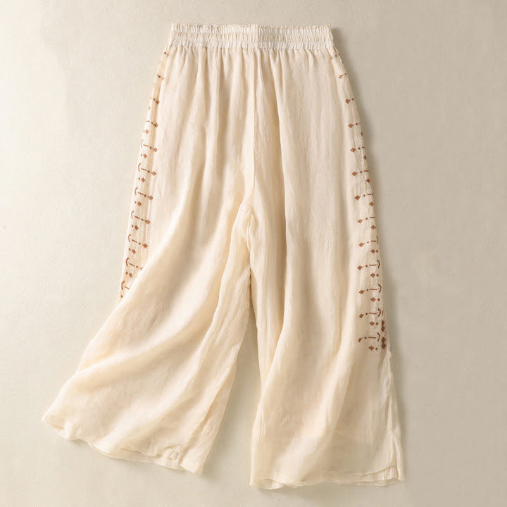 Buddha Stones Ethnic Embroidery Drawstring Cotton Linen Women's High Waist Wide Leg Pants With Pockets - LemonChiffon - US8-10,UK/AU12-14,EU40-42 (2XL) - image 0