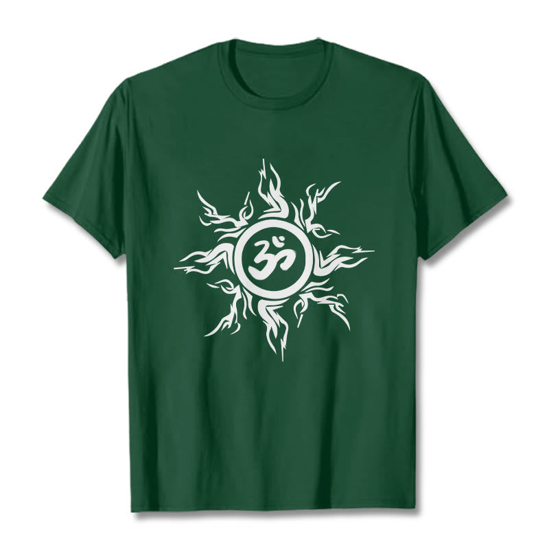 Buddha Stones Sunburst Pattern Surrounding An Om Symbol Pattern Cotton Tee T-shirt - ForestGreen - 2XL - image 11