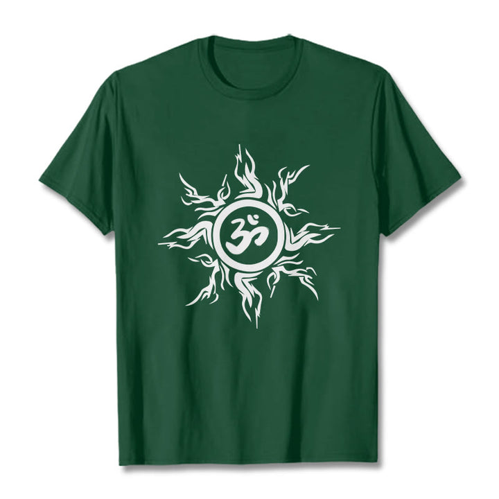 Buddha Stones Sunburst Pattern Surrounding An Om Symbol Pattern Cotton Tee T-shirt - ForestGreen - 2XL - image 11